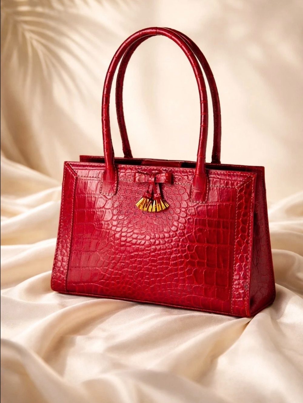 Liz Claiborne Red Croc-Embossed Satchel with Tassel Accent
